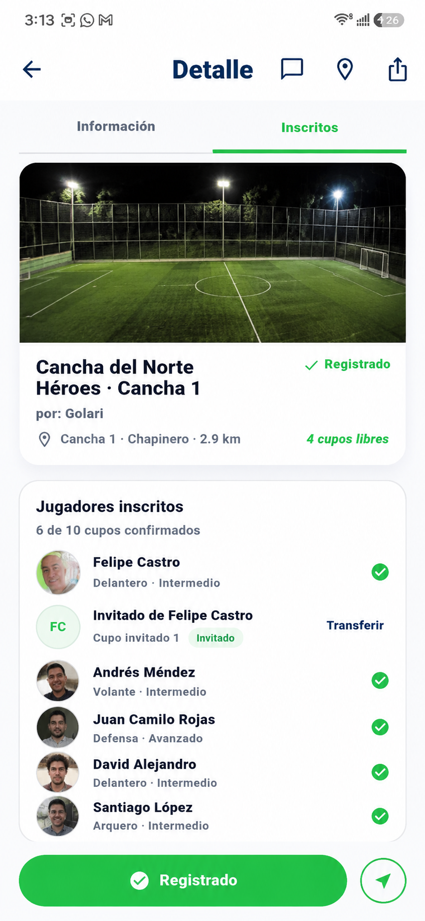 Pantalla de detalle con jugadores inscritos